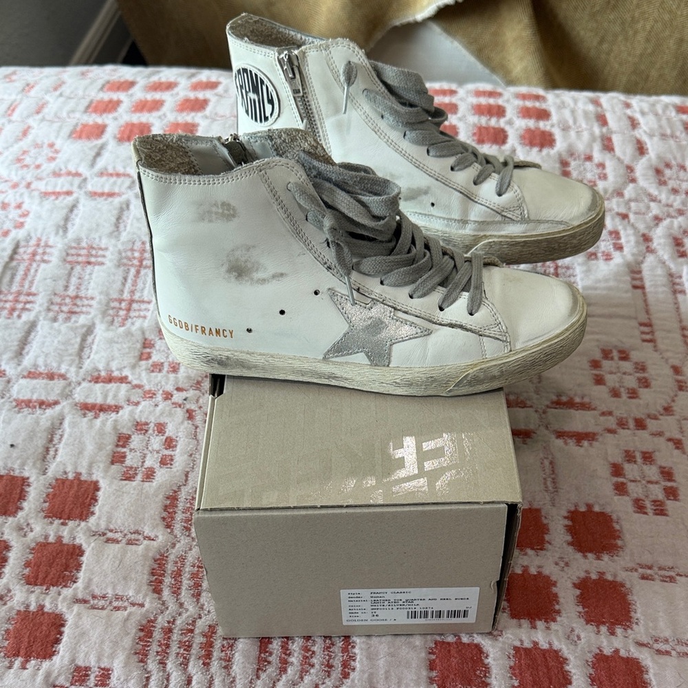 Golden Goose Francy Classic Leather High-Top Sneakers with Silver Star